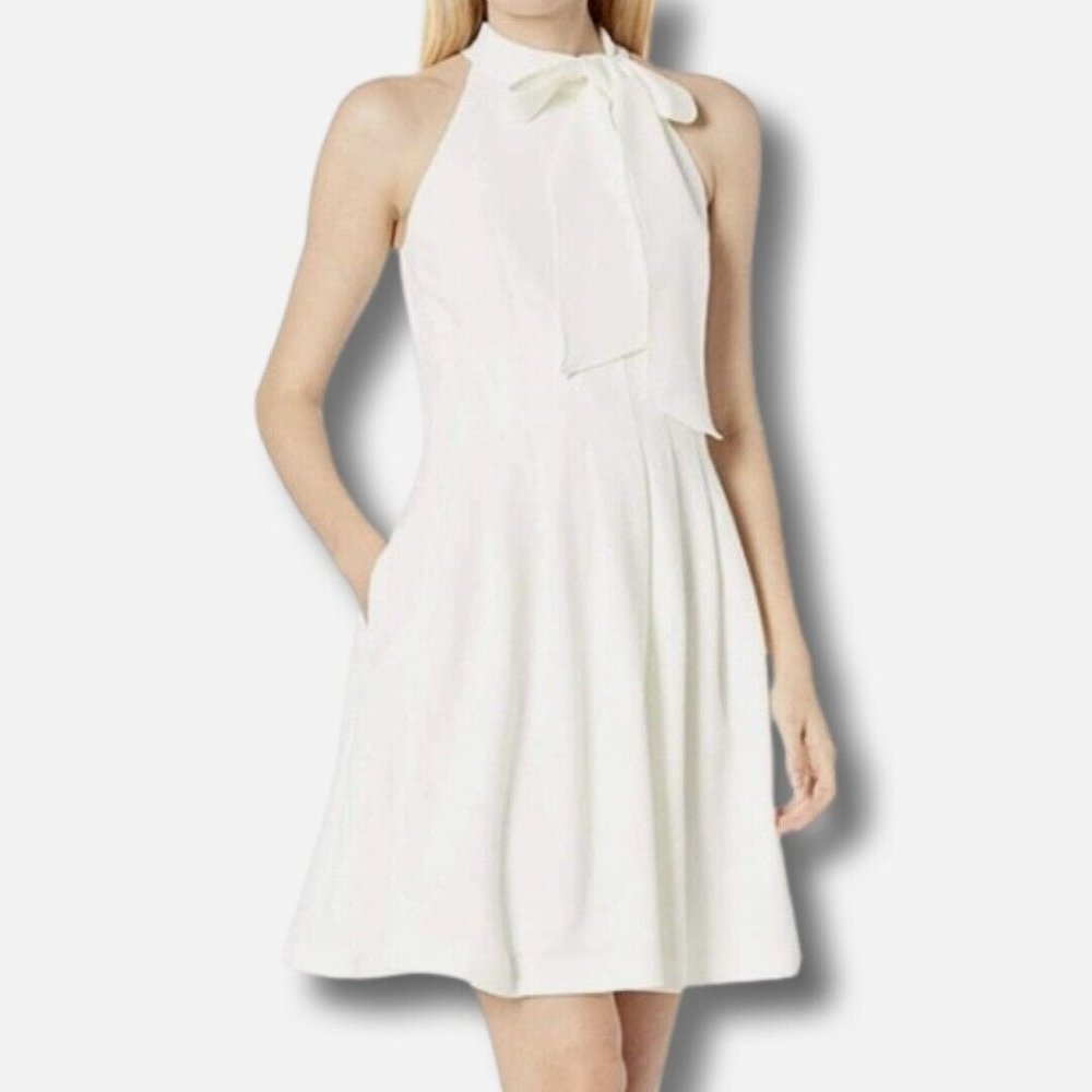 Vince Camuto Sleeveless Bow Tie Mock Neck Seamed Flare White Knit Dress Sz 12